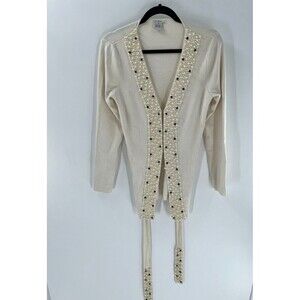 Women's Evelyn Ivory Silk Blend Beaded Tie Waist Cardigan Sweater Size M